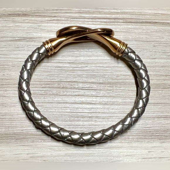 Silver Colored Leather Pave Crystal Cobra Wrap Gray Leather Bracelet, Magnetic - Picture 5 of 6